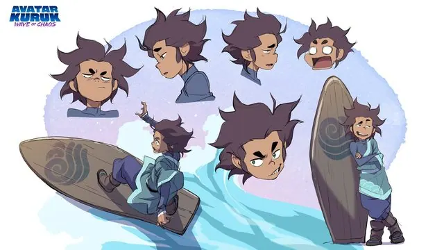 Kuruk riding a wave on a surfboard marked with the Water Tribe emblem, plus head studies and a pose leaning on the board