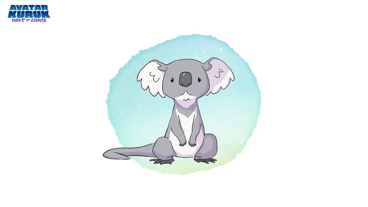 Character art of Nikik, Kuruk's pet: a koala-like creature with a long tail, on a teal watercolor circle against white