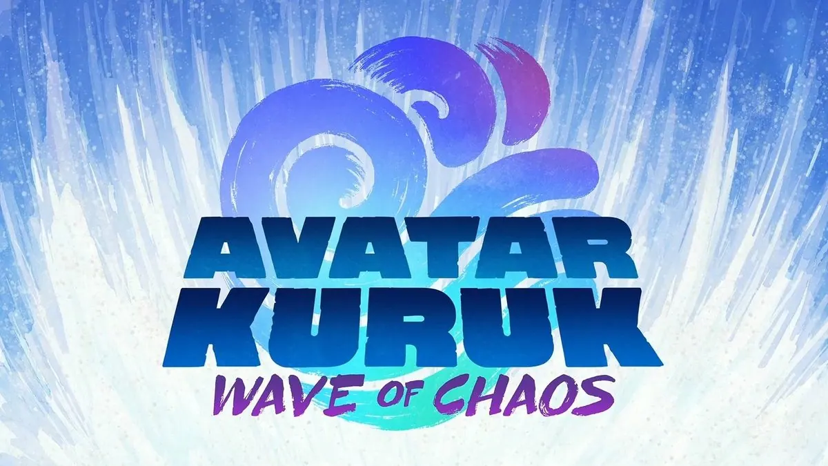 Avatar Kuruk: Wave of Chaos title card. The blue-and-purple logo over a white-blue wave splash, as shown at NYCC 2026. Avatar Wiki notes it is a draft logo.