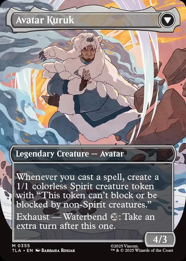 Magic: The Gathering borderless 'Avatar Kuruk' card (TLA #355): adult Kuruk in a polar-bear pelt bending water in a sweeping arc, art by Barbara Rosiak