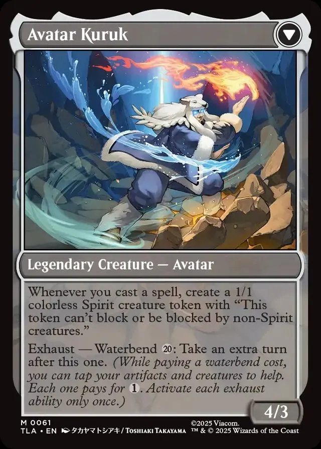 Magic: The Gathering 'Avatar Kuruk' card (TLA #61, back face of The Legend of Kuruk): Kuruk in a polar-bear pelt waterbending among rocks and fire, art by Toshiaki Takayama