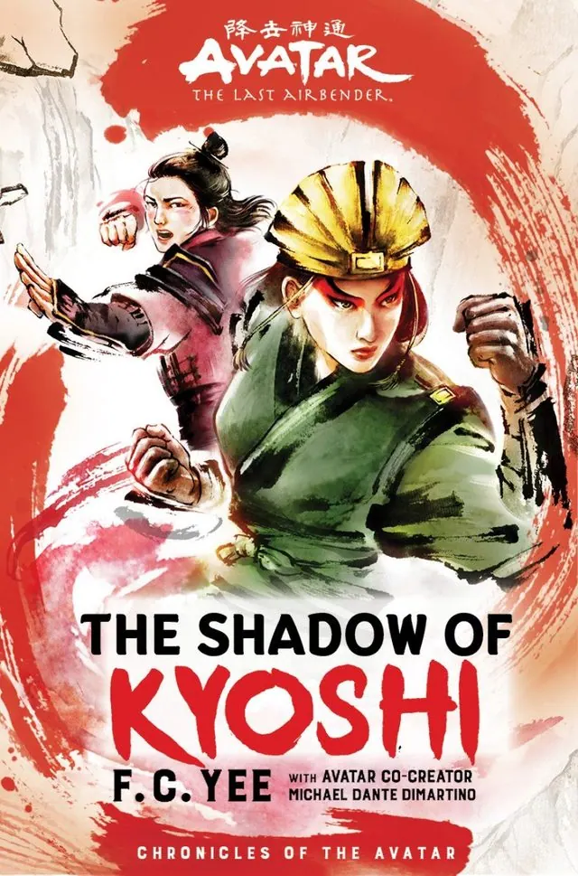 Cover of Avatar: The Last Airbender – The Shadow of Kyoshi (Chronicles of the Avatar Book 2) by F.C. Yee with Michael Dante DiMartino. Kyoshi in face paint and headdress on the cover; the novel covers Kuruk's era and Kyoshi's visions of Kuruk.