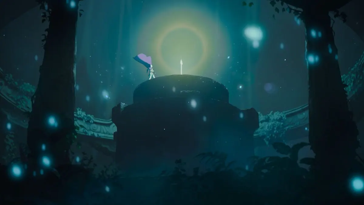 First-look still of Aang standing atop an overgrown ancient temple dais under a glowing ring of light, with floating spirit lights