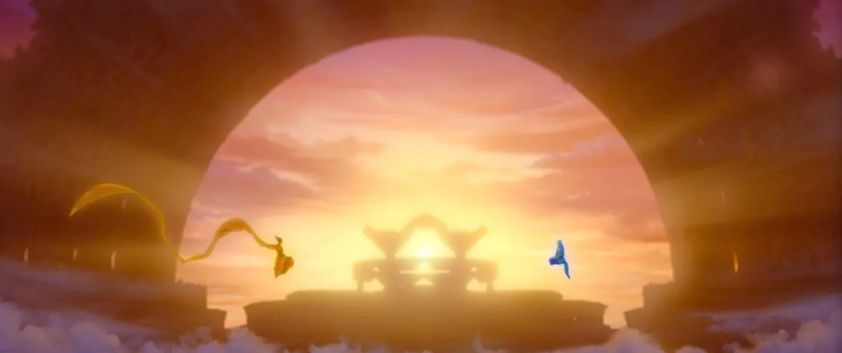 Frame from the film: Aang and Avatar Sonam as small figures floating inside a vast arched temple at sunset (wide, cinematic)