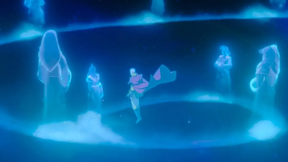 First-look still of Aang floating among translucent glowing blue spirit figures arranged around a ring