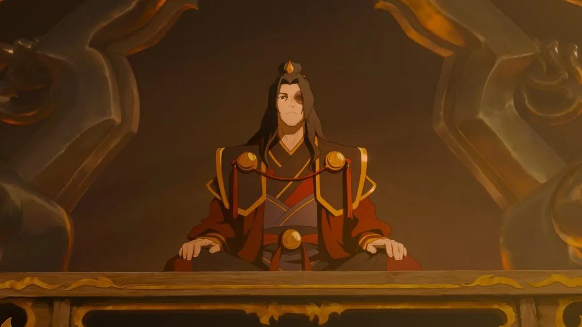 First-look still of adult Fire Lord Zuko (Steven Yeun) seated on his throne