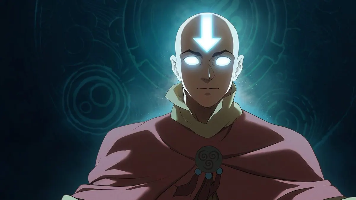 Textless Paramount+ hero background: adult Aang, eyes and arrow glowing in the Avatar State, against a teal background of carved Air Nomad circles. Has open space on both sides for overlay text.