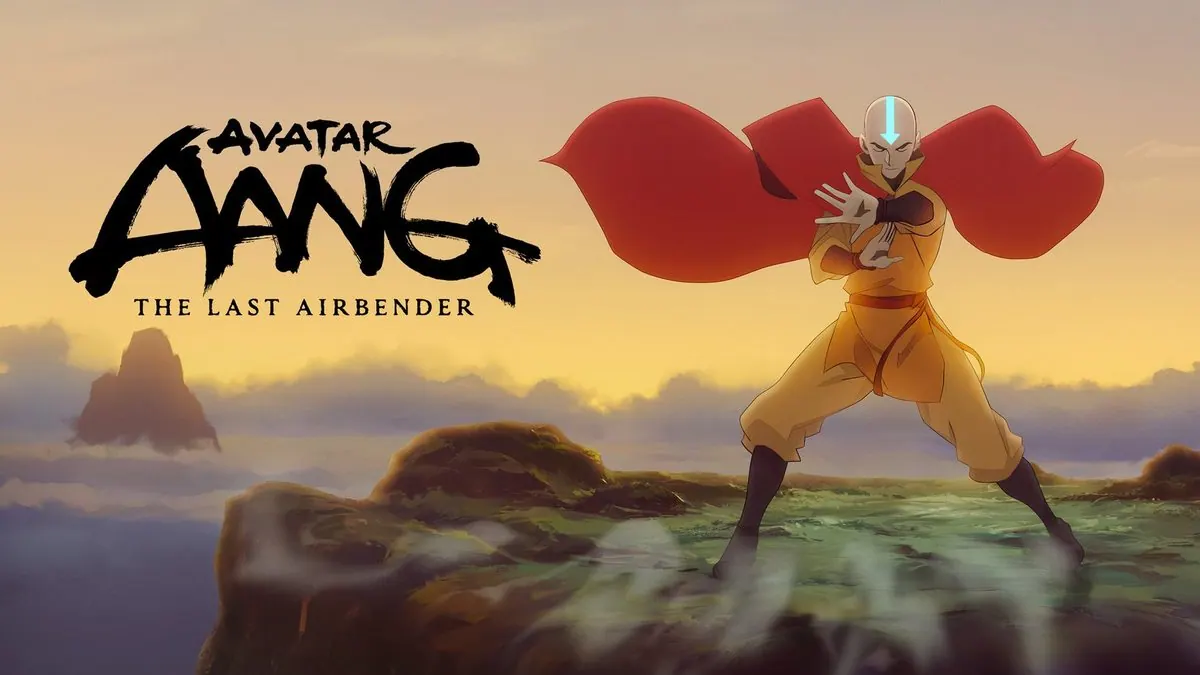 Official Paramount+ 16x9 title art: adult Aang in an airbending stance on a misty clifftop at sunset, red cape flaring, with the black brush-stroke 'Avatar Aang: The Last Airbender' logo on the left