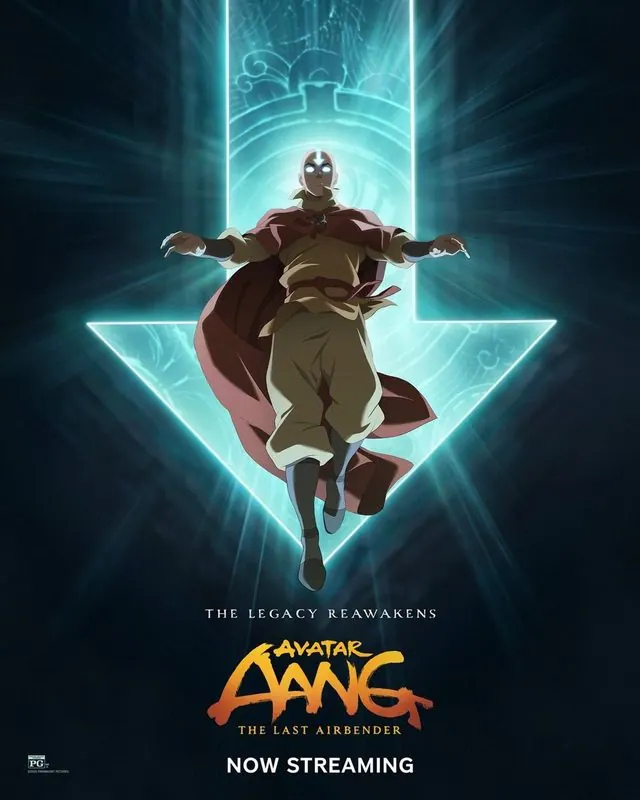 Official 'Now Streaming' poster: adult Aang floating in the Avatar State inside a giant glowing airbender arrow, with the title logo