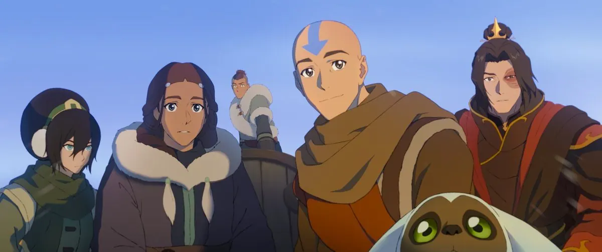 First-look still of adult Team Avatar together under a blue sky: Toph, Katara, Sokka (behind), Aang and Fire Lord Zuko, with Momo in front