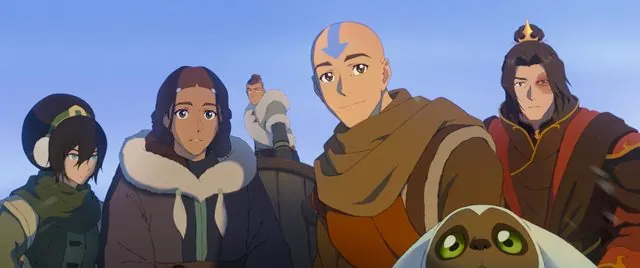 First-look still of adult Team Avatar together under a blue sky: Toph, Katara, Sokka (behind), Aang and Fire Lord Zuko, with Momo in front