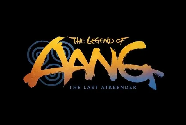 Earlier official title logo 'The Legend of Aang: The Last Airbender' (working title before the retitle) on black: orange-to-blue brush lettering over air-nation swirls