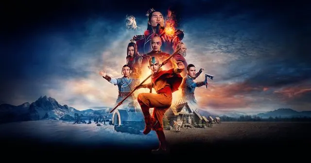 Season 1 wide key art: Aang at the front of a montage of the cast and elements over the Southern Water Tribe landscape