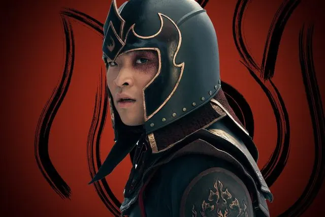 Season 1 character portrait: Dallas Liu as Prince Zuko in a Fire Nation helmet