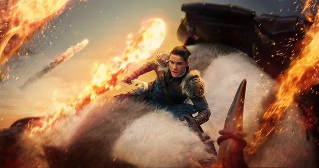 Season 1 still: Ian Ousley as Sokka riding Appa as fireballs fly past