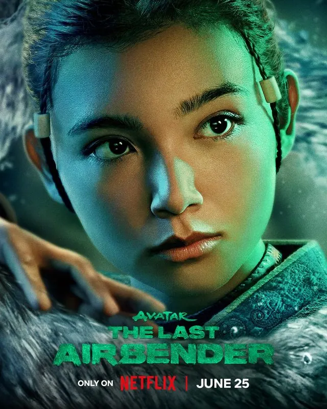 Season 2 character poster: close-up of Kiawentiio as Katara with swirling water