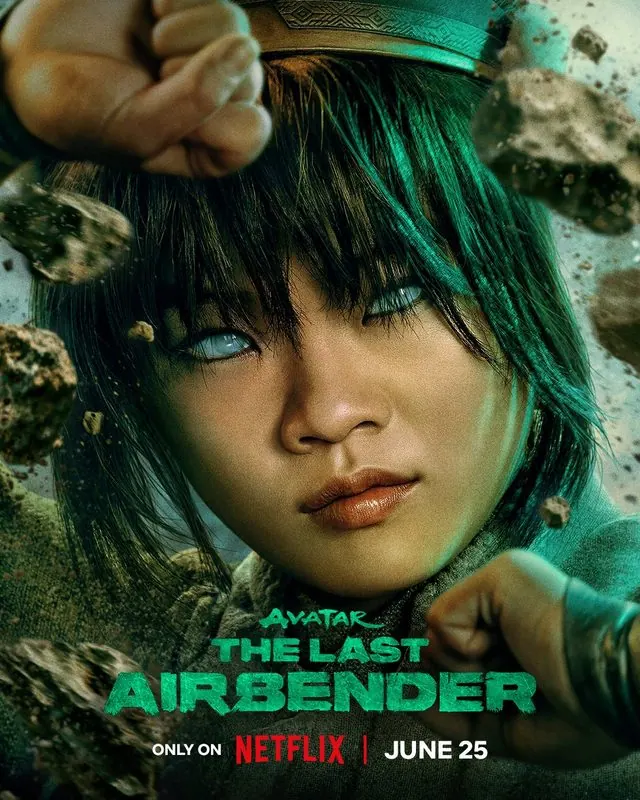 Season 2 character poster: close-up of Miya Cech as Toph Beifong with floating rocks