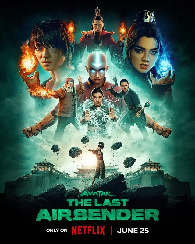 Season 2 ensemble poster: Zuko, Ozai, Azula, Aang, Iroh, Sokka and Katara over Toph earthbending in front of a walled city, June 25
