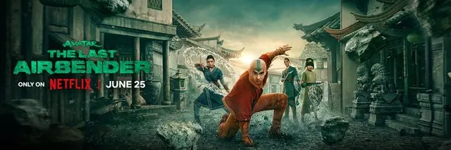 Season 2 horizontal banner key art with title logo and 'Only on Netflix | June 25'. Aang, Katara, Sokka and Toph on the Earth Kingdom street