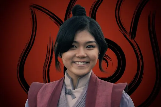 Season 2 character portrait: Thalia Tran as Mai in front of the Fire Nation emblem