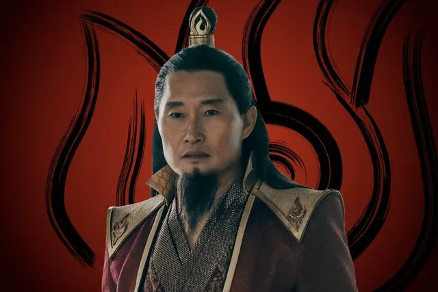 Season 2 character portrait: Daniel Dae Kim as Fire Lord Ozai in front of the Fire Nation emblem