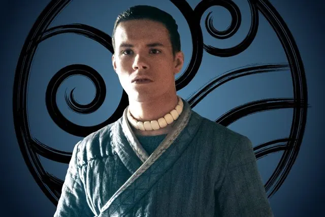 Season 2 character portrait: Ian Ousley as Sokka in front of the Water Tribe emblem