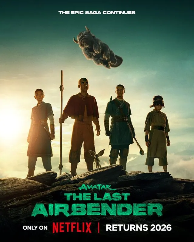 Season 2 teaser poster ('The Epic Saga Continues', 'Returns 2026'): silhouettes of Katara, Aang, Sokka and Toph on a cliff at sunrise with Appa overhead