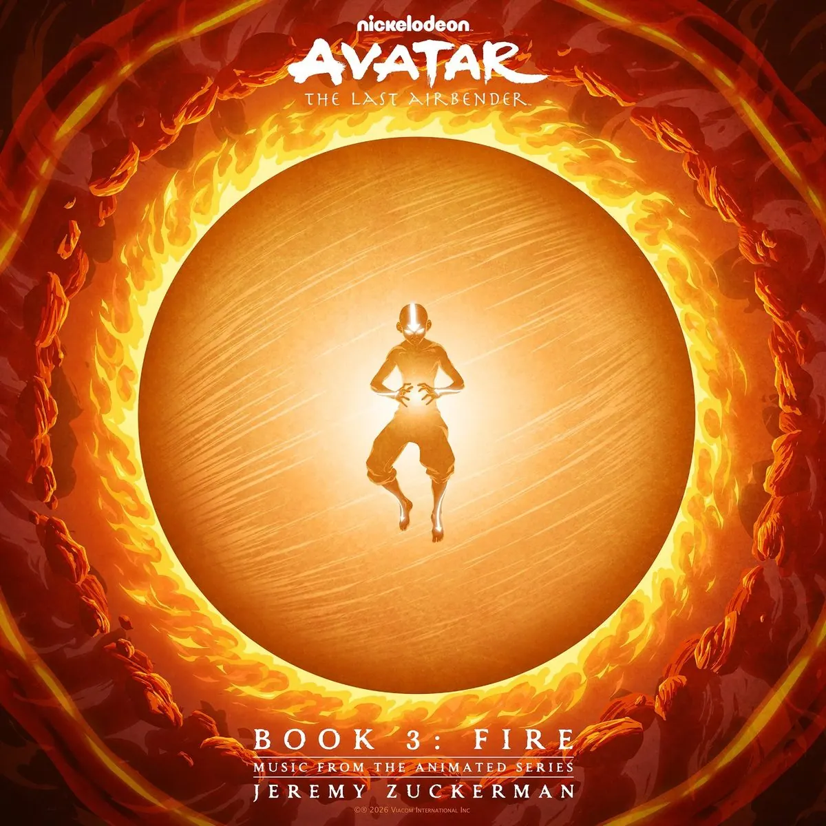 Cover art for Avatar: The Last Airbender - Book 3: Fire (Music from the Animated Series), re-recorded score by Jeremy Zuckerman: Aang silhouetted in a blazing sun