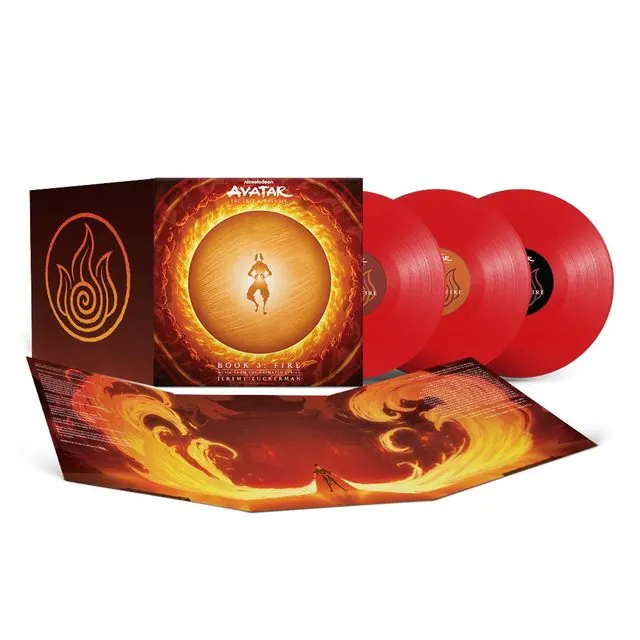 Product mockup of the Book 3: Fire score red 3LP vinyl set with gatefold sleeve and insert, on white