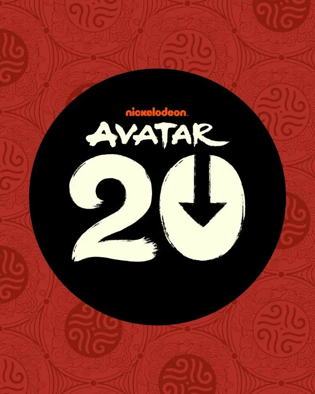 Avatar 20th anniversary SDCC 2025 graphic: cream 'Avatar 20' logo in a black circle on a red Fire Nation-pattern background