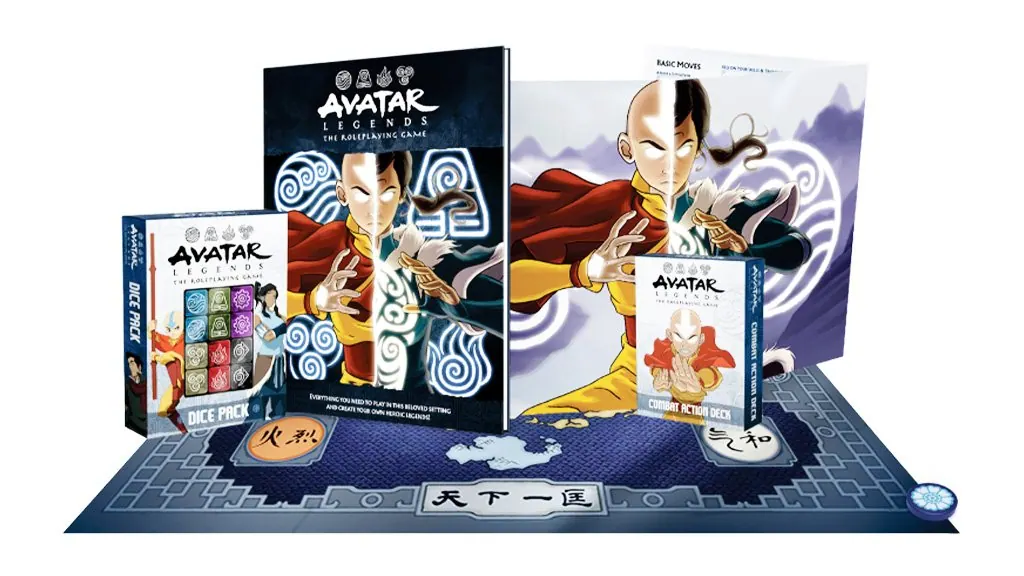 Avatar Legends roleplaying game products from Magpie Games (core book, dice pack, gamemaster screen, map), product shot on white