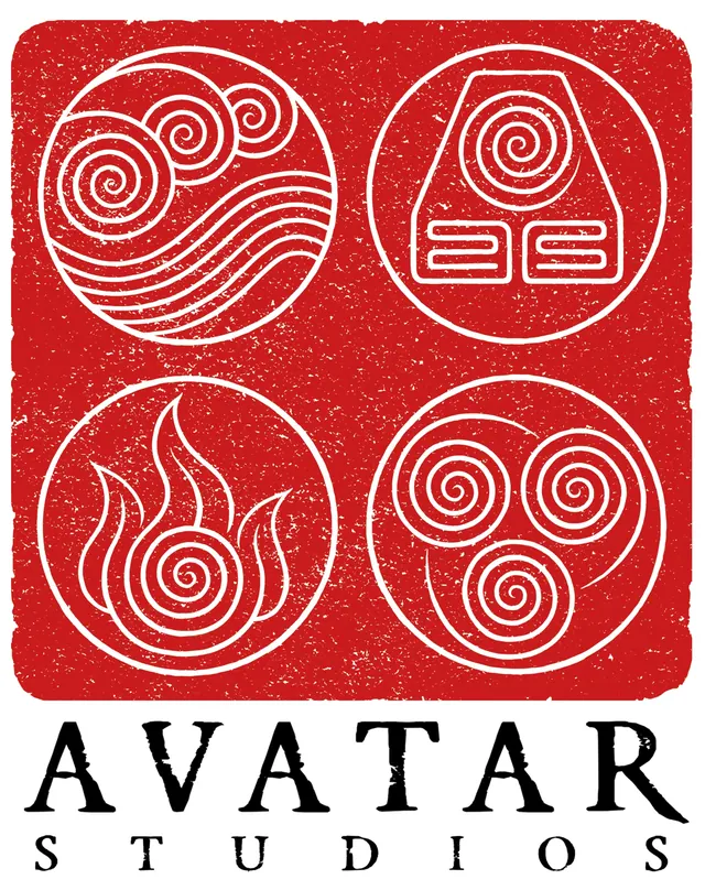Official Avatar Studios logo: red stamp with the four element symbols above the 'AVATAR STUDIOS' wordmark, on white