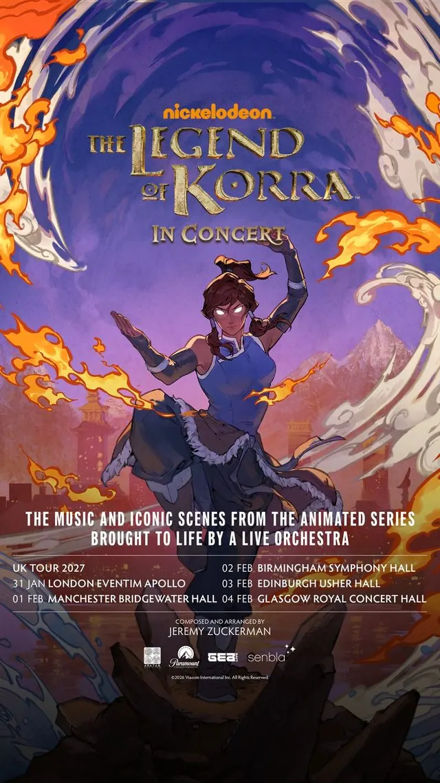 Vertical poster for The Legend of Korra In Concert UK Tour 2027 with Korra key art and tour dates