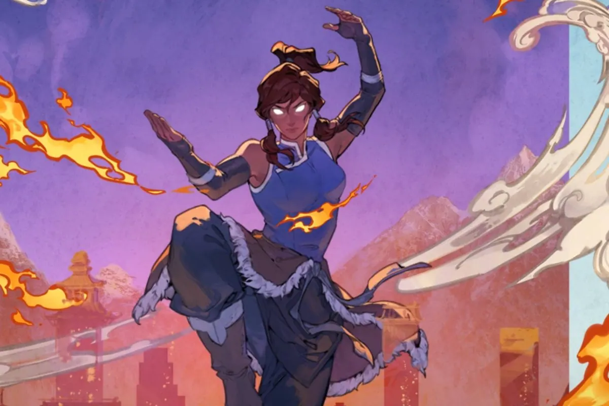 Clean key art for The Legend of Korra in Concert 2027 tour: Korra in the Avatar State bending fire, water and air over Republic City