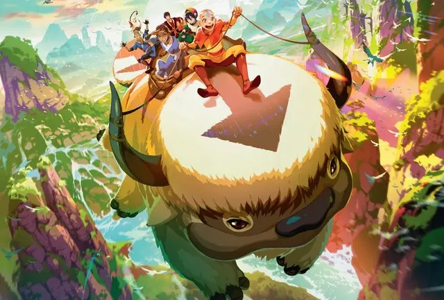 Magic: The Gathering x Avatar: The Last Airbender key art: Aang, Katara, Sokka and friends riding Appa over a lush canyon