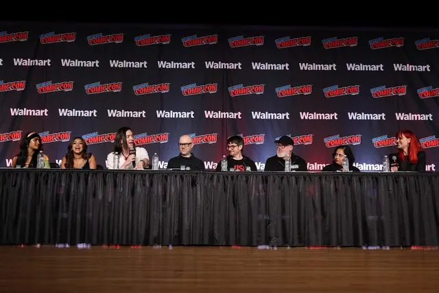 Wide shot of the full Avatar: Seven Havens panel seated on the NYCC 2026 Main Stage