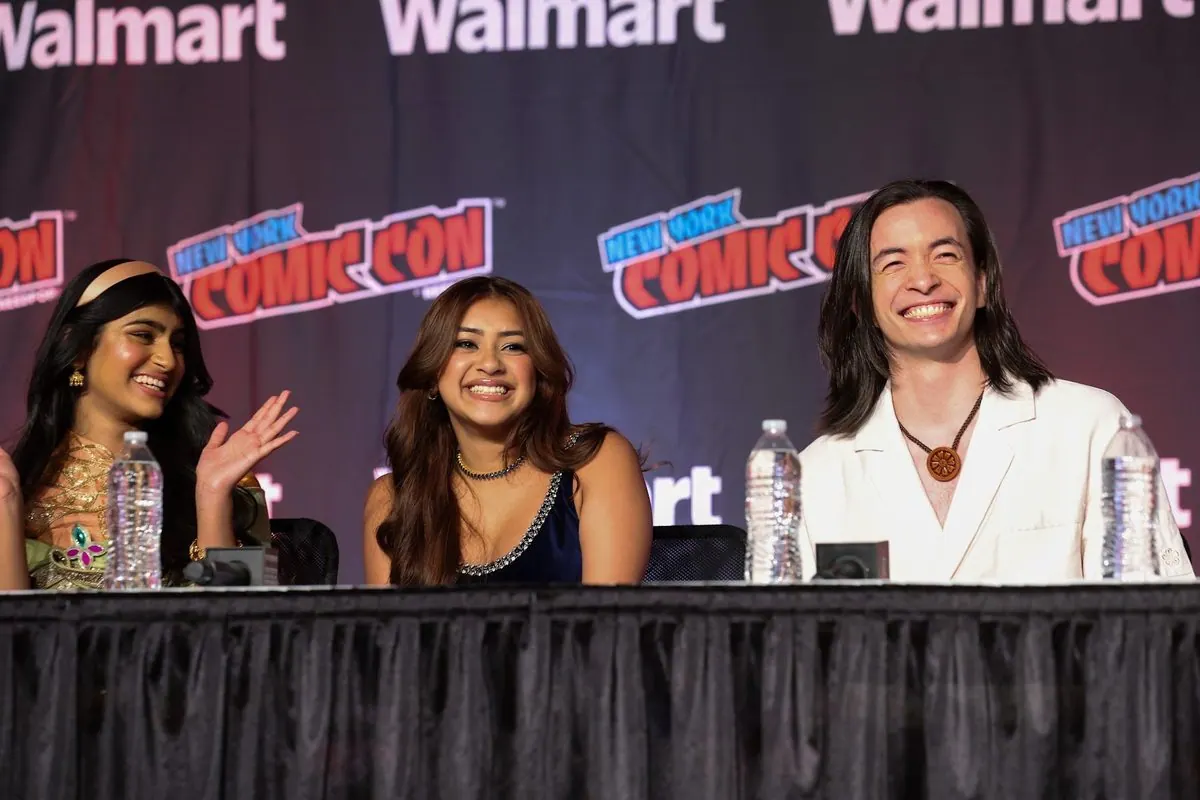 Avatar: Seven Havens voice cast (Saheli Khan, Aishu Devan, Major Curda) smiling at the panel table, NYCC 2026