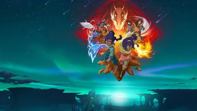 Paramount+ Avatar: Seven Havens hub marquee art: the main cast in a fiery diamond emblem above an aurora-lit landscape