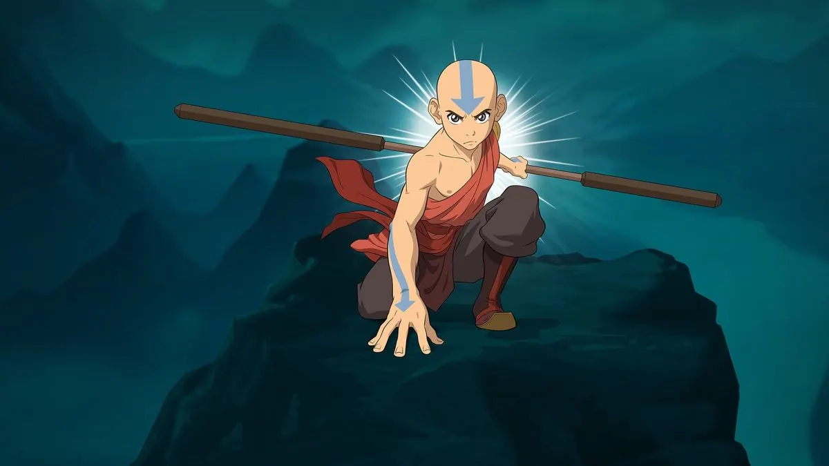 Paramount+ Avatar: The Last Airbender hub marquee art: Aang crouched on a cliff with his glider staff against teal mountains (no text)