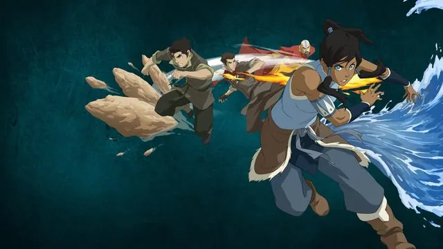 Paramount+ The Legend of Korra hub marquee art: Korra waterbending alongside Mako and Bolin on a dark teal background