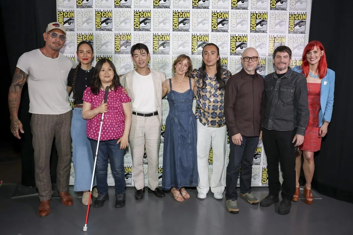 SDCC 2026 Avatar Aang panel group photo: Dave Bautista, Jessica Matten, Dionne Quan, Eric Nam, Lauren Montgomery, Roman Zaragoza, Michael Dante DiMartino, Bryan Konietzko, Janet Varney