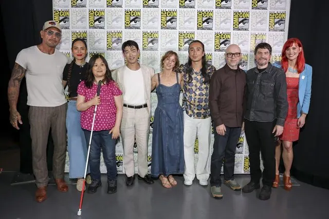 SDCC 2026 Avatar Aang panel group photo: Dave Bautista, Jessica Matten, Dionne Quan, Eric Nam, Lauren Montgomery, Roman Zaragoza, Michael Dante DiMartino, Bryan Konietzko, Janet Varney
