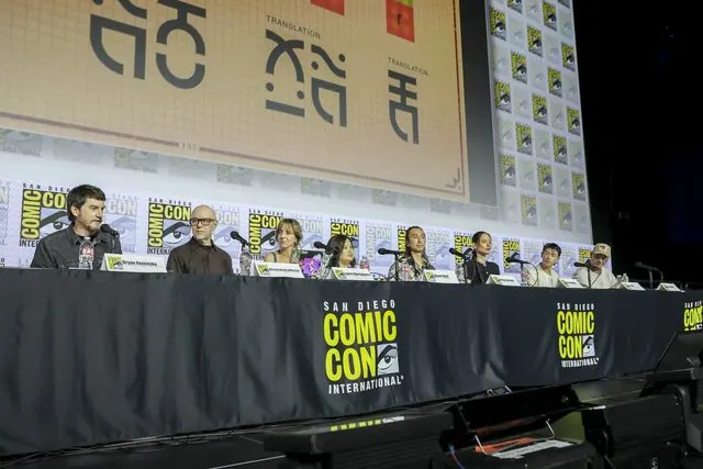 Full Avatar Aang panel lineup at the Hall H table at SDCC 2026 (Konietzko, DiMartino, Montgomery and cast), production slide on the big screen