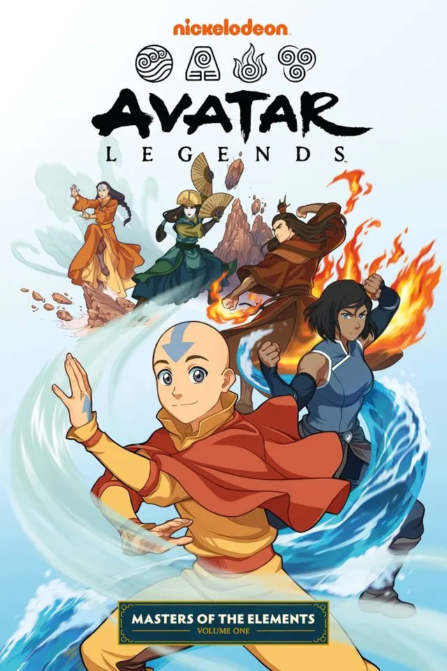 Cover of Avatar Legends: Masters of the Elements Volume 1, an anthology released Aug 25, 2026: Aang, Korra, Kyoshi and Roku bending together