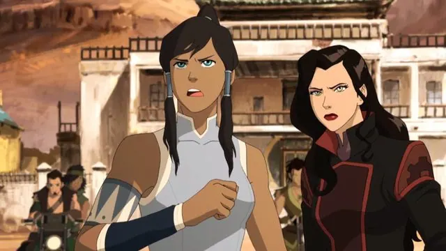 Book Three still: Korra and Asami walking through the streets of Ba Sing Se