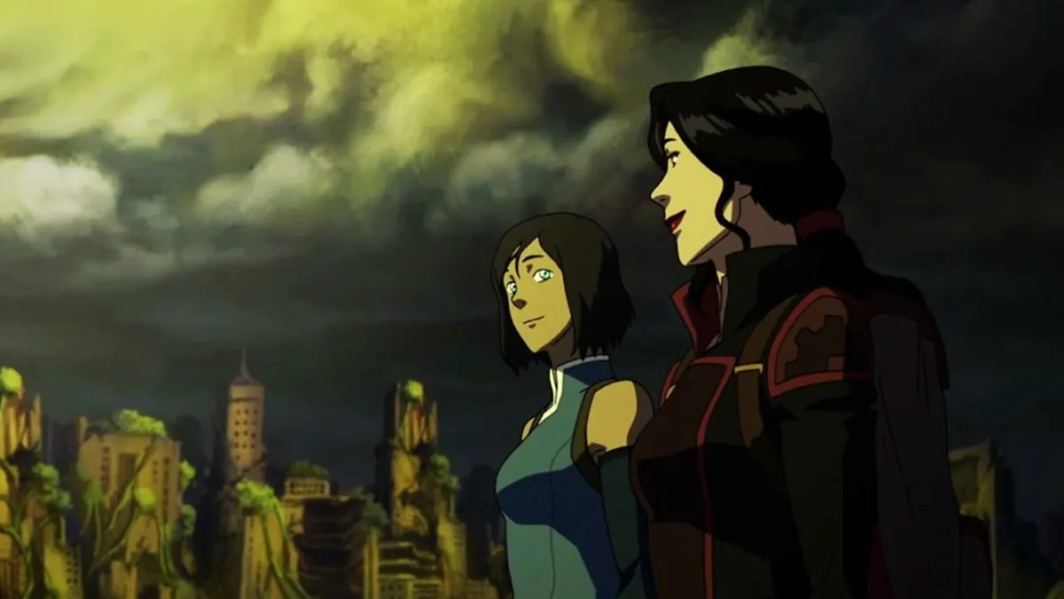 Book Four still: Korra and Asami together in front of Republic City, now covered in spirit vines, under a green-tinted sky