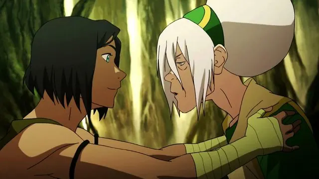 Book Four still: short-haired Korra face to face with old Toph Beifong in the glowing Foggy Swamp