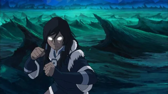 Book Two still: Korra in the Avatar State with glowing eyes, in a fighting stance in a dark, stormy Spirit World landscape