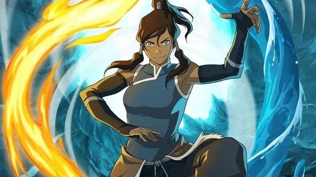 Official Korra promo art: Korra in a fighting stance, bending a fire arc and a water arc around her
