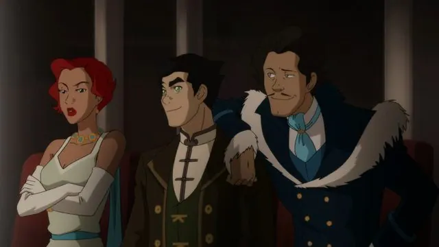 Book Two still: Bolin between Ginger and Varrick, who has an arm around him